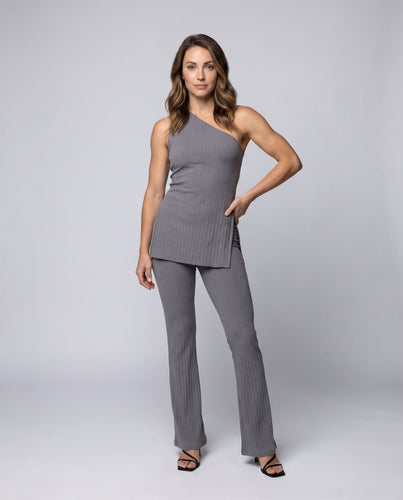 Damen elegantes, einseitiges Oberteil mit passender Hose im modernen Rippdesign