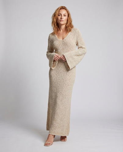 Damen elegantes Strickkleid mit V-Ausschnitt und auffälligen Ärmeln