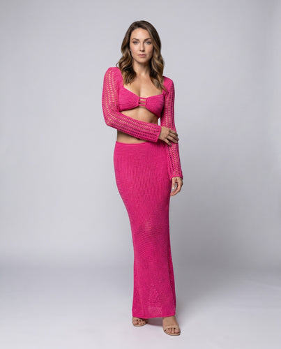 Damen gehäkeltes Maxikleid mit Bindeband und langem Arm
