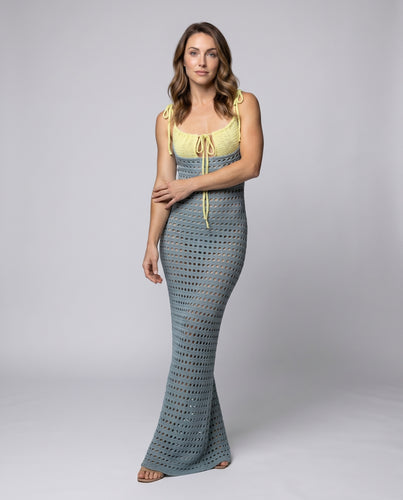 Damen gehäkeltes Maxikleid mit feinen Trägern und tiefem V-Ausschnitt
