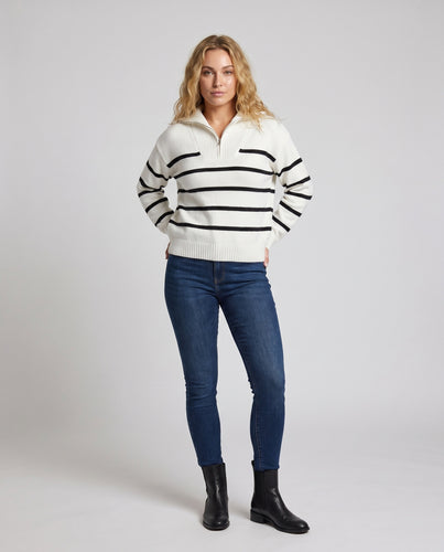 Damen gestreifter Strickpullover mit Stehkragen und modischer Zip-Detail