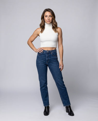 Damen kurzes, hochgeschlossenes Rippen-Top