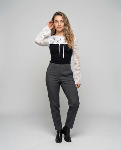 Damen lässiger Häkelpullover mit tiefem Ausschnitt und langen Ärmeln