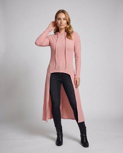 Damen lässiges Longshirt mit Kapuze und seitlichen Schlitzen