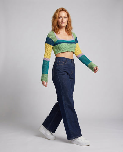 Damen luftiger Cropped Pullover mit bunten Streifen