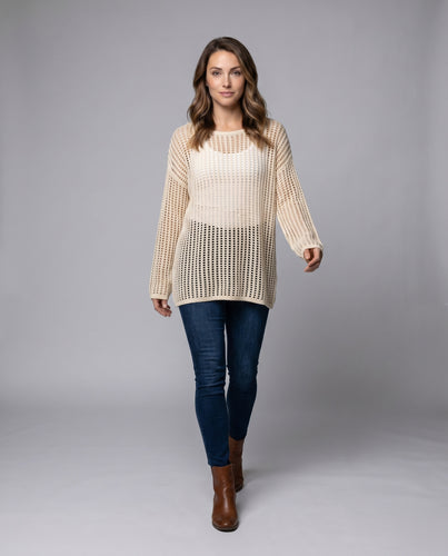Damen luftiger Strickpullover mit raffinierten Lochmustern