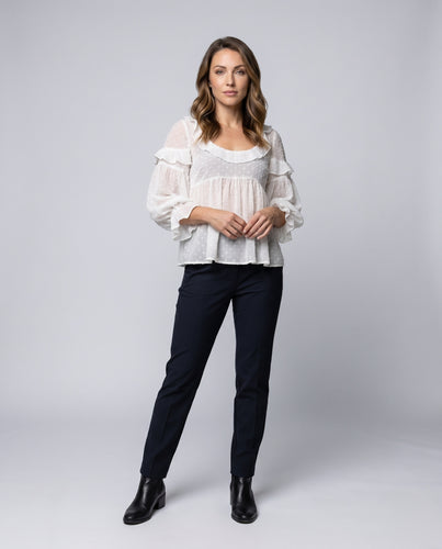 Damen luftiges Blusenshirt mit Rüschensaum und Puffärmeln