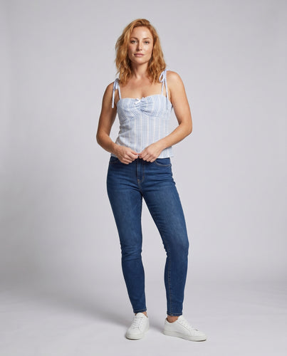 Damen luftiges Karo-Crop-Top mit Bindebändern
