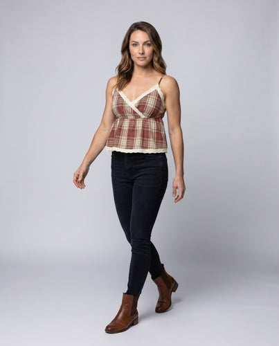 Damen luftiges Karo-Top mit Spitzendetails