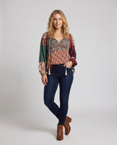 Damen luftiges Patchwork-Oberteil mit Kordelzug