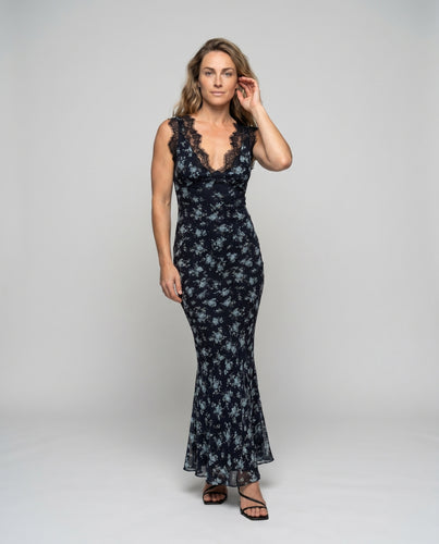Damen Maxi-Kleid mit elegantem Spitzenbesatz und floralem Druck