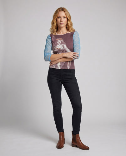 Damen Oberteil mit kreativem gesticktem Design und bunten Ärmeln