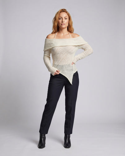 Damen Off-Shoulder Strickpullover mit Rippstruktur und asymmetrischem Saum