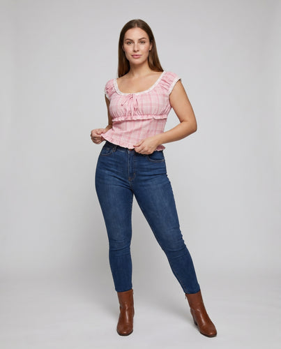 Damen rüschenbesetztes Karo-Crop-Top mit verspieltem Kordelzug