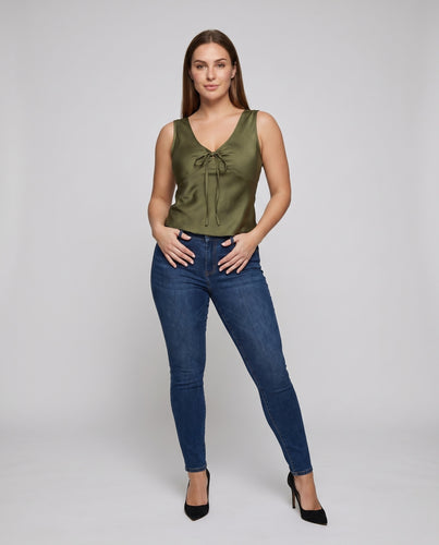 Damen schimmerndes Top mit raffiniertem Schnürdesign