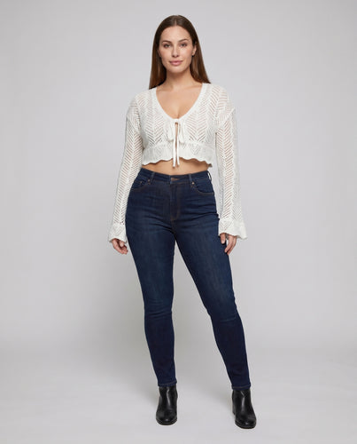 Damen Strick-Crop-Top mit luftiger Häkelstruktur und Bindeverschluss