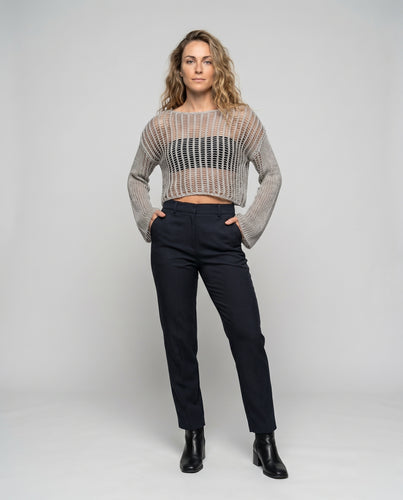 Damen trendiger Cropped Strickpullover mit weitem Arm