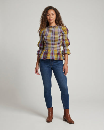Damen Blusenshirt mit einzigartigem Smokedesign und eleganten Puffärmeln EB