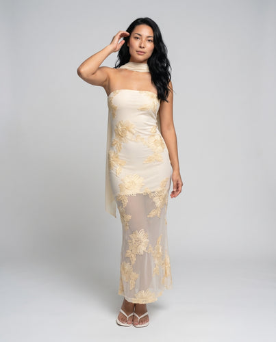 Damen Blütenstickerei Maxi-Kleid mit schulterfreiem Design EB