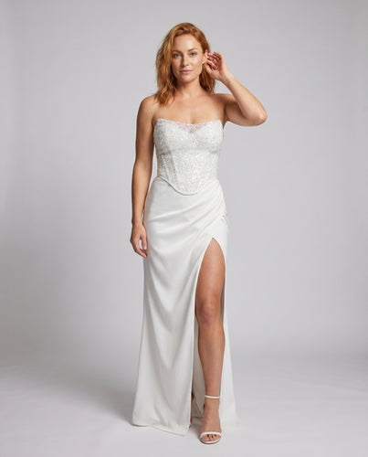 Damen Elegantes Abendkleid mit transparentem Oberteil und seitlichem Schlitz EB