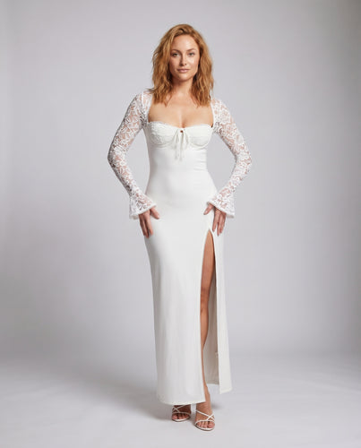Damen Elegantes Abendmaxikleid mit tiefem V-Ausschnitt und transparenten langen Ärmeln EB