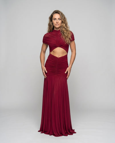 Damen Elegantes bodenlanges Abendkleid mit raffinierten Rüschen und Cut-Out-Design EB