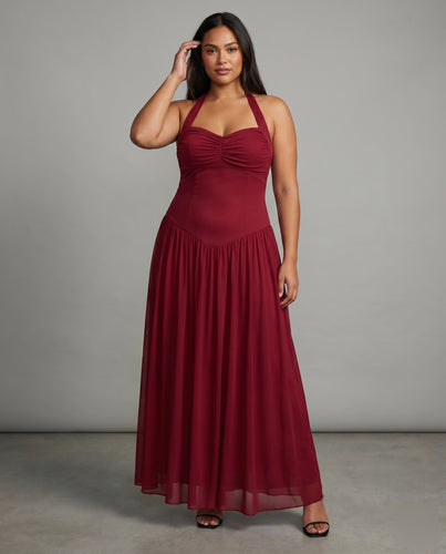 Damen Elegantes Chiffon Maxikleid mit tiefem V-Ausschnitt und drapiertem Oberteil EB