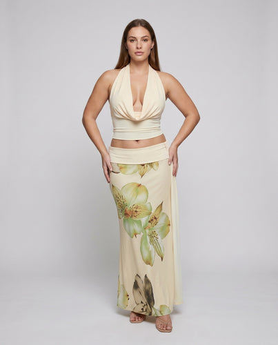 Damen Elegantes Crop-Top und Maxirock-Set mit floralem Design EB