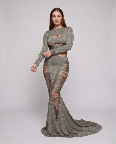 Damen Elegantes Cut-Out Maxikleid mit langem Arm und figurbetontem Schnitt EB