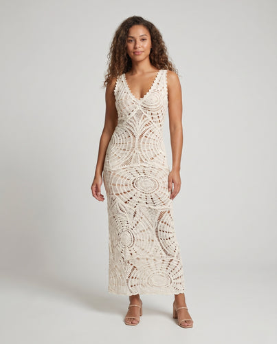 Damen Elegantes Häkelkleid mit tiefem V-Ausschnitt und seitlichen Einsätzen EB