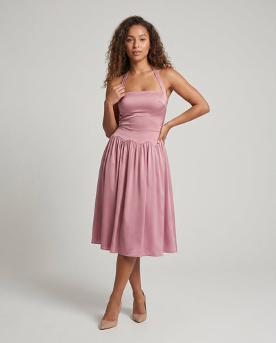 Damen elegantes Halterkleid mit fließendem Rock und hochgeschlitztem Design EB