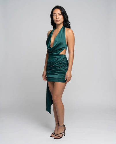 Damen elegantes Halterkleid mit tiefem V-Ausschnitt und Raffungen EB