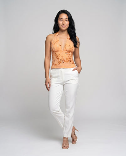 Damen Elegantes Haltertop mit floralem Stickdesign und schimmernden Applikationen EB