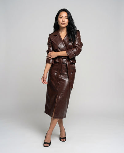 Damen Elegantes Kunstleder-Kleid mit Taillengürtel und hohem Schlitz EB