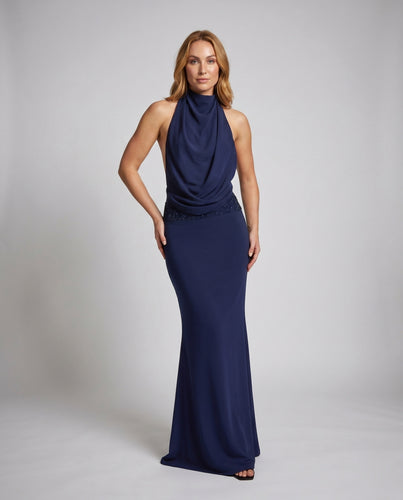 Damen Elegantes Langarmkleid mit raffiniertem Drapé und hochgeschlossenem Ausschnitt EB