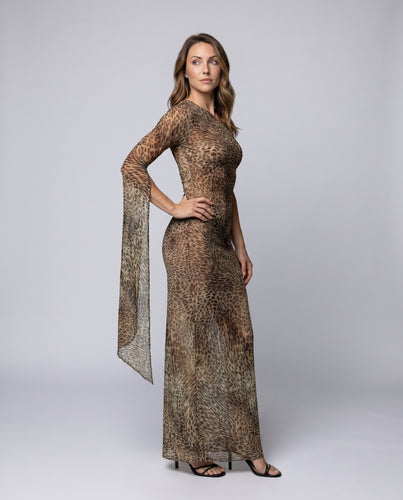 Damen Elegantes Maxikleid mit asymmetrischem Schnitt und aufregendem Animal-Print EB