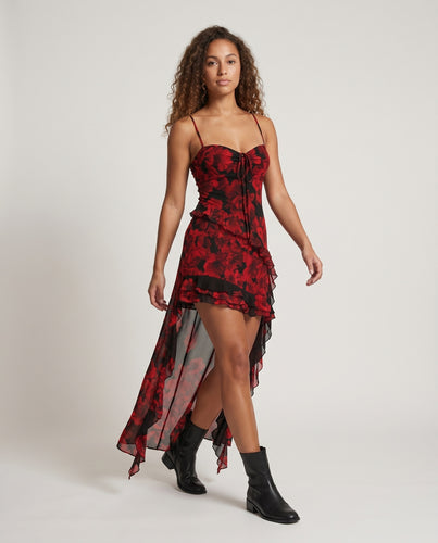 Damen Elegantes Maxikleid mit floralem Design und Rüschendetails EB