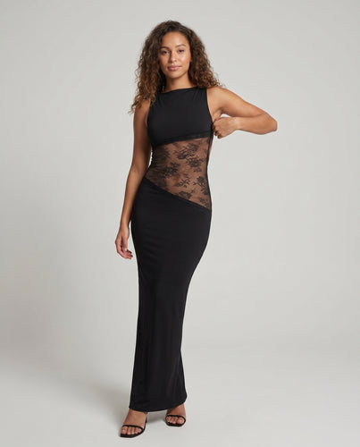 Damen Elegantes Maxikleid mit floralem Spitzenbesatz und schimmerndem Unterkleid EB