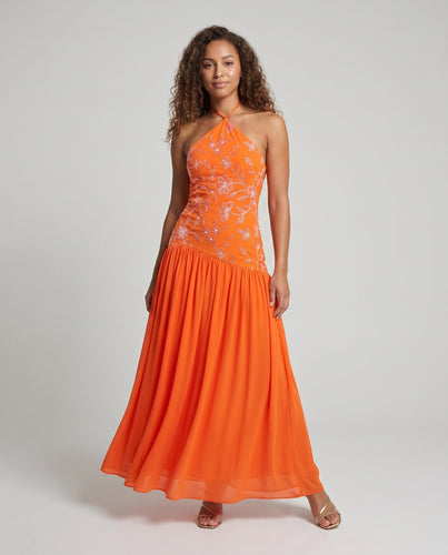 Damen Elegantes Maxikleid mit floralem Spitzendetail und schwingendem Rock EB