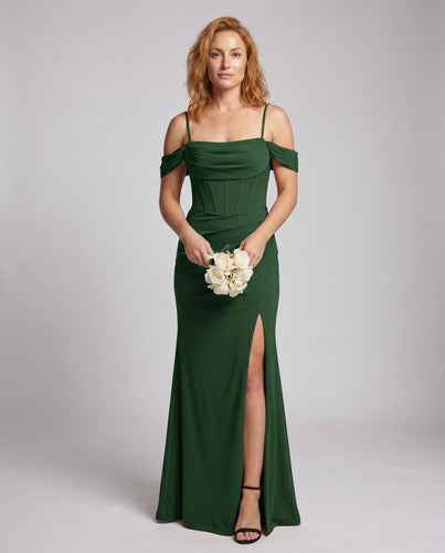 Damen Elegantes Maxikleid mit schulterfreien Riemen und raffinierten Drapierungen EB