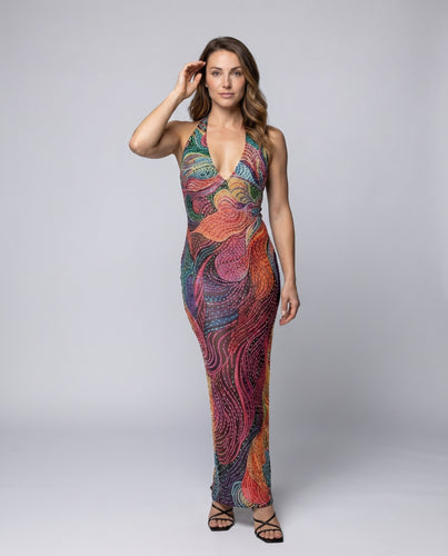 Damen Elegantes Maxikleid mit tiefem V-Ausschnitt und auffälligem Muster EB