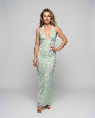 Damen Elegantes Maxikleid mit tiefem V-Ausschnitt und floralen Applikationen EB