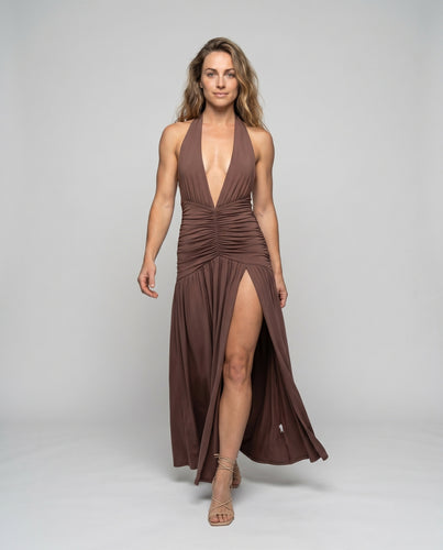 Damen Elegantes Maxikleid mit tiefem V-Ausschnitt und raffiniertem Drapé EB