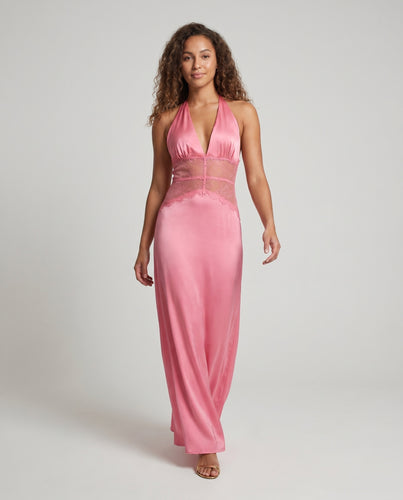 Damen Elegantes Maxikleid mit tiefem V-Ausschnitt und Spitzeneinsätzen EB