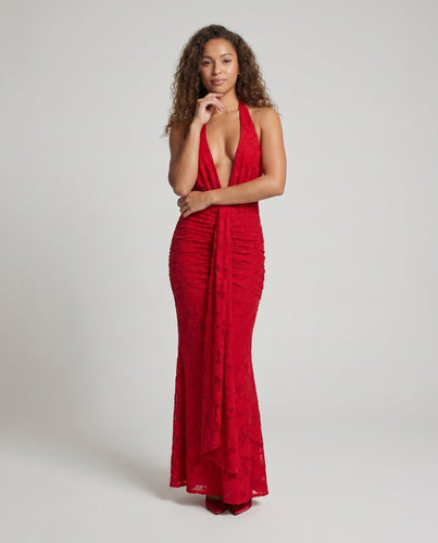 Damen Elegantes Maxikleid mit tiefem V-Ausschnitt und strukturiertem Stoff EB