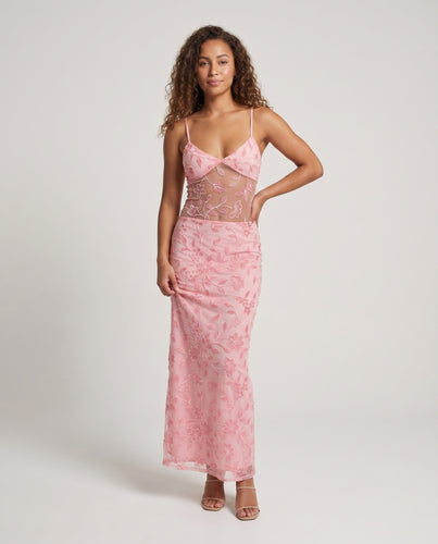 Damen elegantes Maxikleid mit transparentem Floraldesign und filigranen Stickereien EB