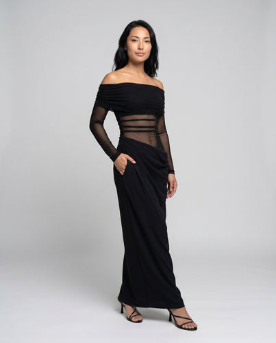 Damen Elegantes Maxikleid mit transparenten Einsätzen und schmaler Silhouette EB