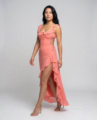 Damen Elegantes Maxikleid mit verspielten Rüschendetails und asymmetrischem Saum EB