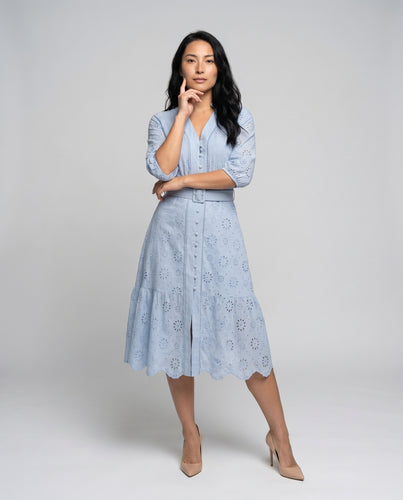 Damen Elegantes Midikleid mit floralem Lochmuster und Taillengürtel EB