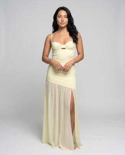 Damen elegantes Midikleid mit innovativem Ausschnitt und transparenter Stoffpartie EB